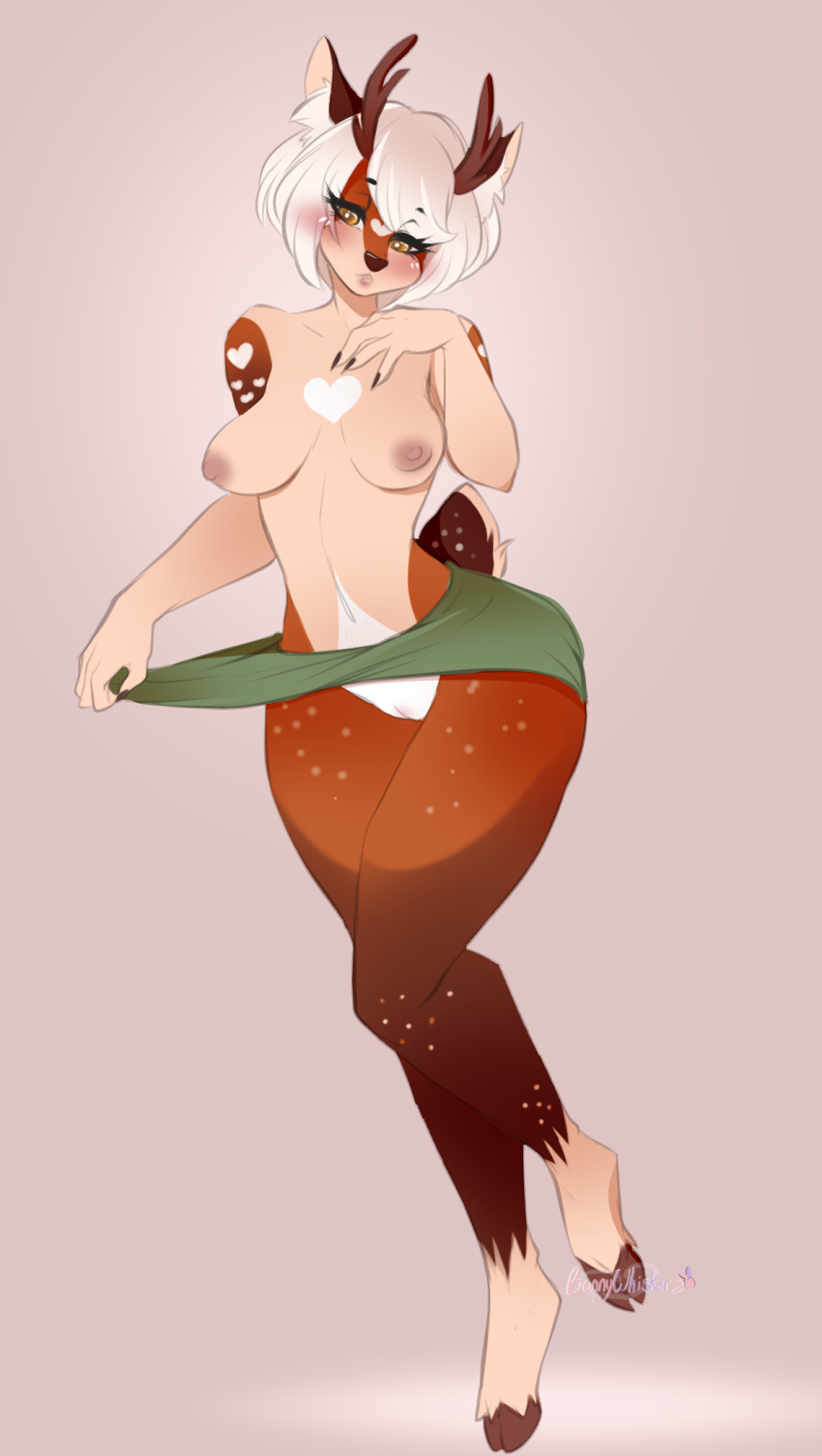 &lt;3_marking 2021 anthro antlers bottomwear breasts bunnywhiskerz cervid clothing female genitals green_eyes hair hi_res hooves horn inner_ear_fluff mammal nipples pussy short_hair simple_background skirt solo tuft