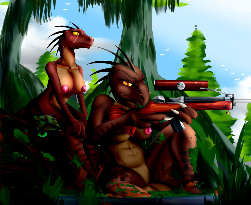 absurd_res anthro big_breasts bludraconoid breasts dinosaur dromaeosaurid duo everglades female female/female gun hi_res hunting hunting_rifle naturalism nature nipples nude nudism outside public public_nudity ranged_weapon reptile rifle scalie scar shaaux_kautner theropod velociraptor weapon zahra_borngen