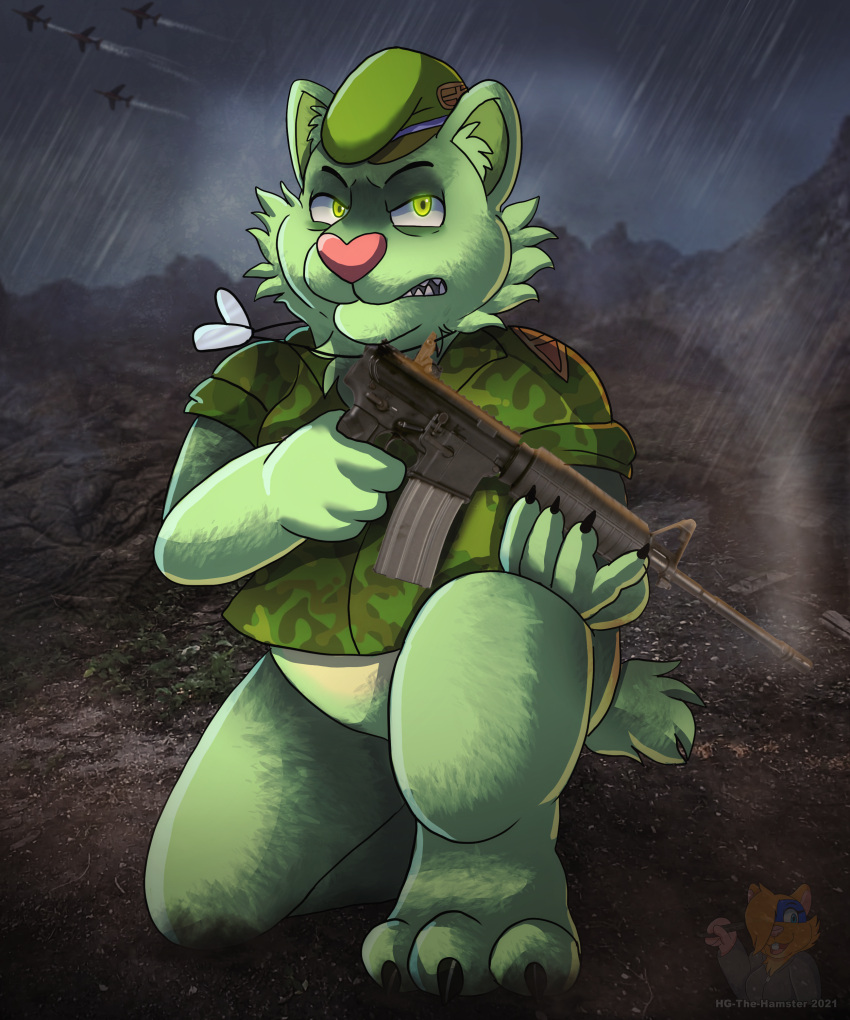 5:6 absurd_res anthro conditional_dnp dust edit flippy flippy_(htf) fog gun hamstergirlthehamster happy_tree_friends hi_res leaning_over male mammal photo_manipulation raining ranged_weapon soldier solo ursid violence war warrior weapon