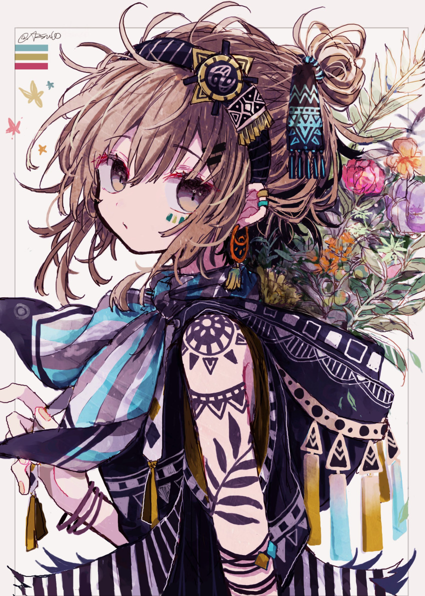 1girl absurdres azzz_(7334080) bangs brown_eyes ear_piercing earrings eyebrows_visible_through_hair flower highres hood hood_down jewelry looking_at_viewer orange_flower original piercing pink_flower purple_flower solo tattoo twitter_username upper_body