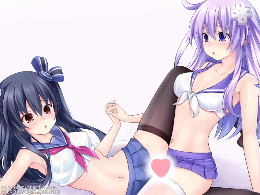 2girls bangs black_hair black_legwear blush censored choujigen_game_neptune eyebrows_visible_through_hair gabriel_evangel hair_ornament highres holding_hands microskirt multiple_girls nepgear neptune_(series) no_panties patreon_username purple_eyes purple_hair red_eyes reward_available school_uniform serafuku simple_background skindentation skirt thighhighs tribadism uni_(neptune_series) white_legwear yuri