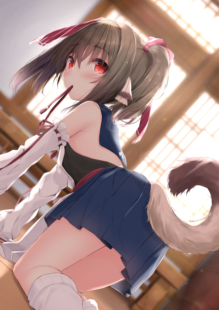1girl all_fours bangs bare_shoulders blue_skirt blurry blurry_background blush bow brown_hair commentary_request copyright_request depth_of_field detached_sleeves dutch_angle eyebrows_visible_through_hair feet_out_of_frame hair_between_eyes hair_bow highres indoors kouda_suzu looking_at_viewer looking_back loose_socks mouth_hold nekone_(utawarerumono) pleated_skirt red_bow red_eyes skirt socks solo tail_raised twintails utawarerumono utawarerumono:_lost_flag white_legwear white_sleeves