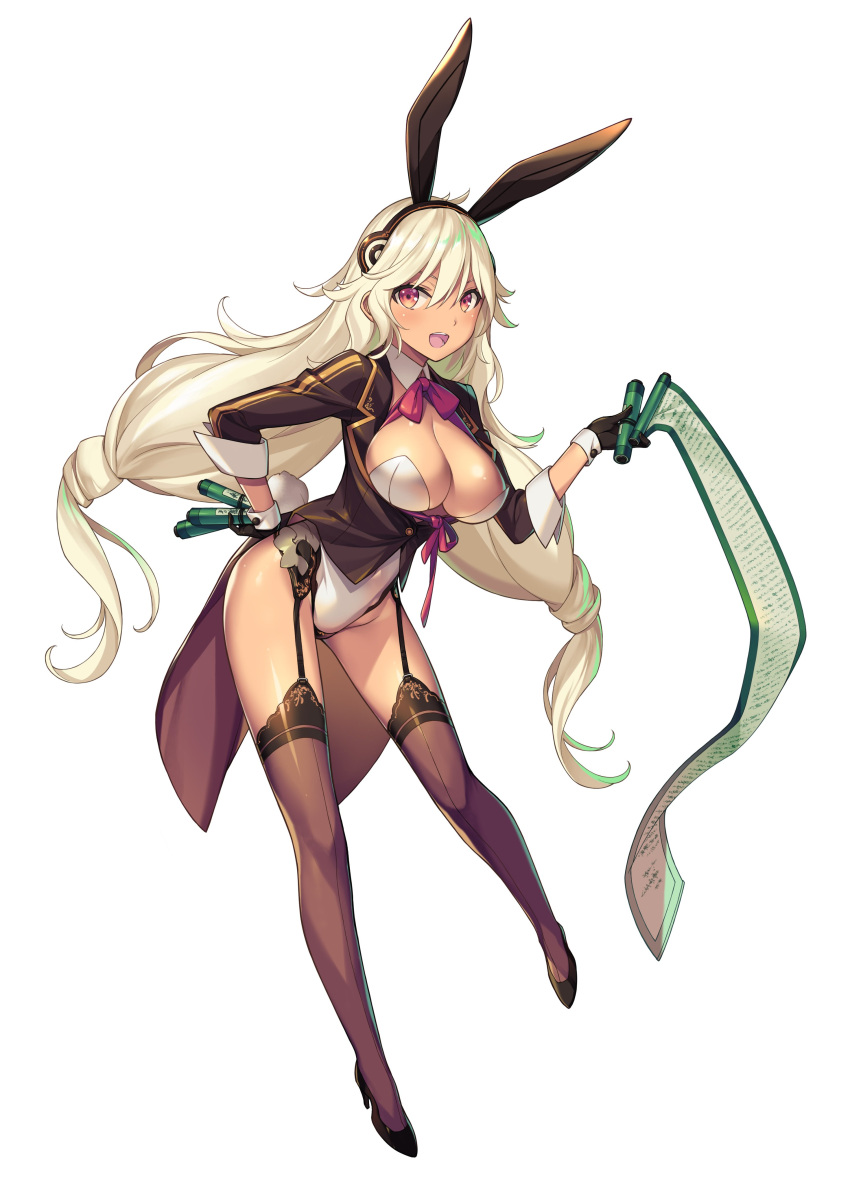 1girl :d absurdres animal_ears black_footwear black_gloves bow breasts brown_legwear bunny_day cleavage fake_animal_ears full_body garter_straps gloves hand_on_hip highres kikuchi_seiji large_breasts leaning_forward leotard long_hair looking_at_viewer low-tied_long_hair open_mouth original rabbit_ears rabbit_tail red_bow scroll simple_background smile solo standing tail twintails white_background white_hair
