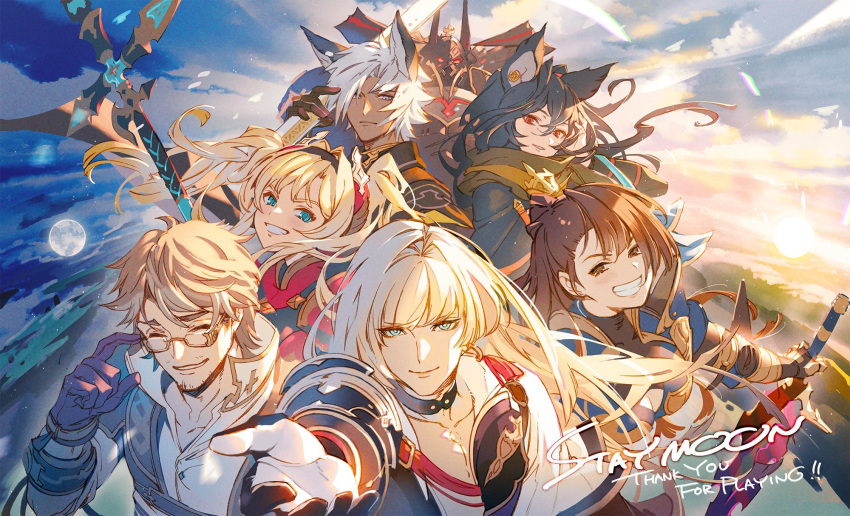 3boys 3girls animal_ears armor bangs beatrix_(granblue_fantasy) black_hair blonde_hair blue_eyes brown_eyes brown_hair cassius_(granblue_fantasy) choker cleavage_cutout closed_eyes clothing_cutout cloud collarbone commentary_request dark-skinned_male dark_skin earrings english_text erune eustace_(granblue_fantasy) facial_hair floating_hair gauntlets glasses gloves granblue_fantasy hair_between_eyes hairband helmet highres holding holding_sword holding_weapon ilsa_(granblue_fantasy) isaac_(granblue_fantasy) jewelry long_hair looking_at_viewer moon multiple_boys multiple_girls official_art outstretched_arm parted_lips polearm popped_collar reaching_out red_eyes scarf short_hair smile spear swept_bangs sword teeth twintails upper_body vaseraga weapon white_hair zeta_(granblue_fantasy)