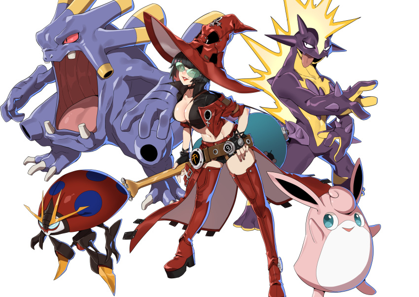 1girl absurdres bangs black_choker black_gloves black_hair blunt_bangs boots breasts bug choker cleavage cropped_jacket crossover exploud fingerless_gloves gen_1_pokemon gen_3_pokemon gen_8_pokemon gloves guilty_gear guilty_gear_strive guitar hat high_collar highres holding holding_instrument i-no insect instrument jacket large_breasts lips makai mole mole_above_mouth orbeetle parted_lips pokemon pokemon_(creature) red_footwear red_jacket short_hair short_shorts shorts simple_background sunglasses thigh_boots thighhighs tongue toxtricity toxtricity_(amped) white_background wigglytuff witch_hat
