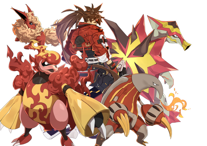 1boy absurdres bangs brown_hair claws cropped_jacket crossover fire flareon gen_1_pokemon gen_4_pokemon gen_5_pokemon gen_7_pokemon gloves guilty_gear guilty_gear_strive headband heatmor highres jacket long_hair magmortar makai male_focus open_mouth pokemon pokemon_(creature) ponytail red_headband red_jacket simple_background sol_badguy spiked_hair trait_connection turtonator white_background