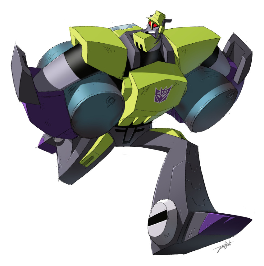 1boy absurdres bulldozer constructicon construction_worker decepticon drum_(container) highres jeetdoh mecha oil open_hand red_eyes running scrapper_(transformers) transformers transformers_animated