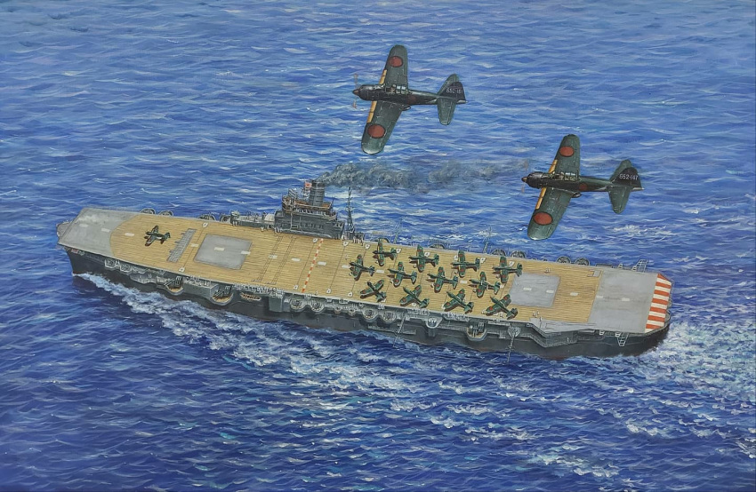 a6m_zero aircraft aircraft_carrier airplane commentary_request flight_deck imperial_japanese_navy japanese_flag jun'you_(aircraft_carrier) military military_vehicle no_humans ocean oil_painting_(medium) original pilot propeller rising_sun sean.c ship smoke sunburst traditional_media warship watercraft