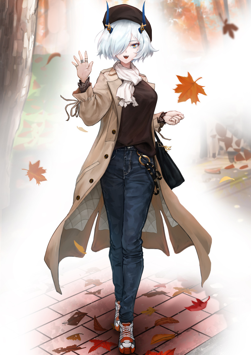 1girl :d absurdres alchemy_stars bag beret blue_eyes breasts coat denim hair_over_one_eye handbag hat highres horns jane_(alchemy_stars) jeans jewelry leaf maple_leaf open_mouth pants ring scarf shoes silver_hair smile sneakers solo sterben teeth white_hair