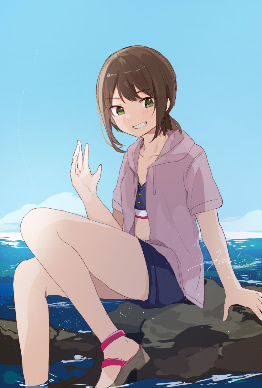 1girl alternate_costume brown_hair eyebrows_visible_through_hair fubuki_(kancolle) green_eyes grey_sweater grin highres hiroe_(cosmos_blue-02_421) kantai_collection looking_at_viewer low_ponytail sandals short_ponytail sidelocks signature sitting smile solo sweater swimsuit