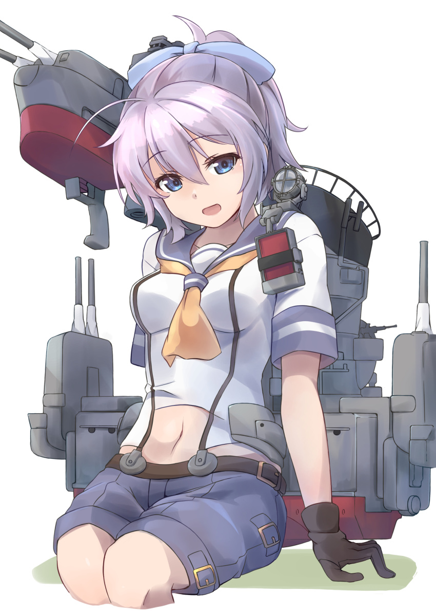 1girl aoba_(kancolle) bangs black_gloves blue_bow blue_eyes blue_shorts bow breasts commentary_request cropped_legs eyebrows_visible_through_hair gloves hair_bow highres kantai_collection medium_breasts minosu navel neckerchief open_mouth original_remodel_(kantai_collection) pink_hair rigging sailor_collar school_uniform searchlight serafuku short_sleeves shorts simple_background sitting solo suspenders two-tone_background yellow_neckwear