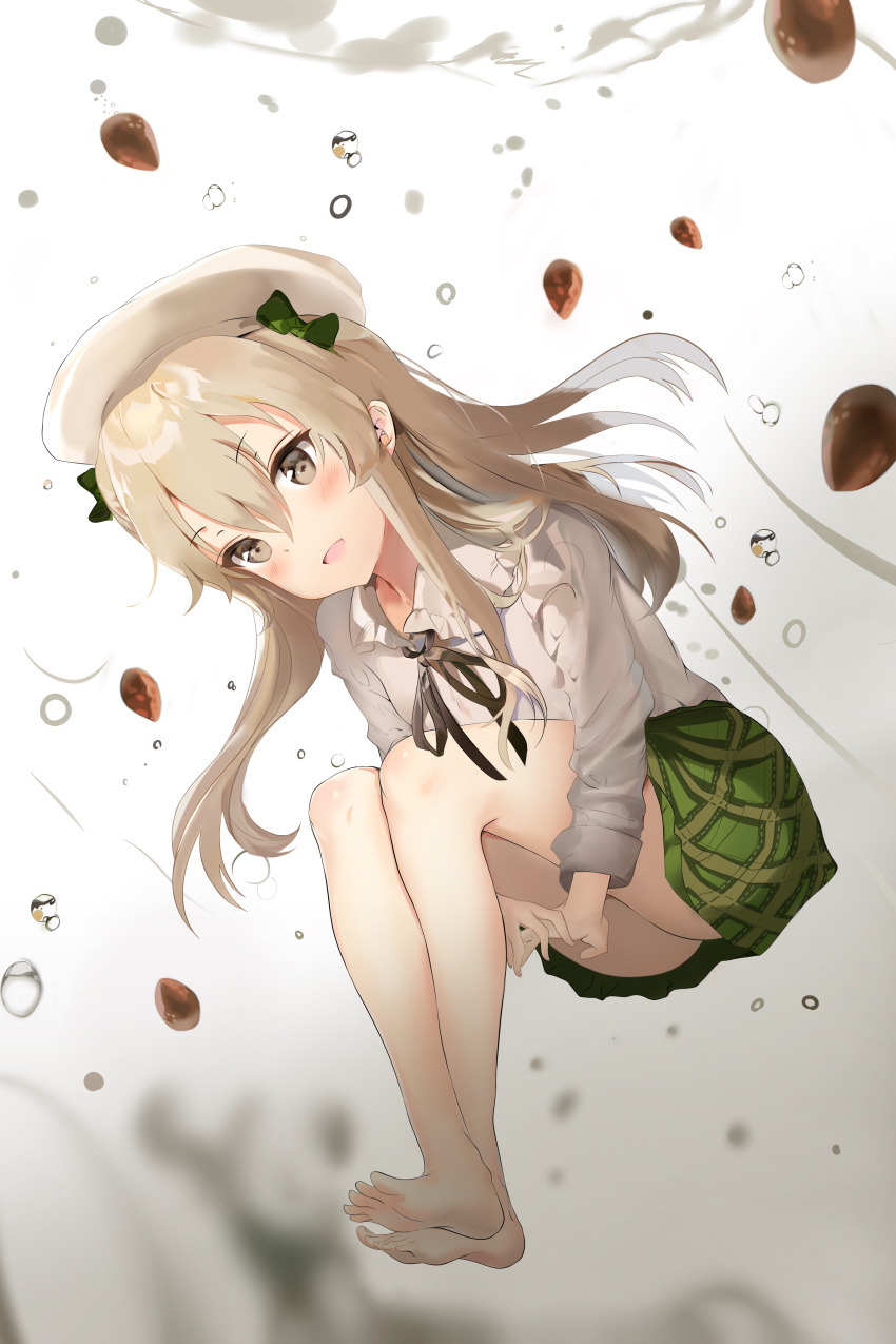 1girl absurdres air_bubble bangs barefoot beret best010409 black_bow black_neckwear blurry blurry_foreground bow bubble casual collared_shirt commentary crossed_ankles feet girls_und_panzer green_skirt hat hat_bow highres leg_hold light_brown_eyes light_brown_hair long_hair looking_at_viewer miniskirt neck_ribbon one_side_up open_mouth plaid plaid_skirt pleated_skirt ribbon shimada_arisu shirt skirt smile soles solo toes underwater white_headwear white_shirt