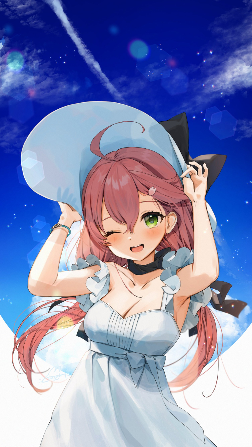1girl absurdres ahoge alternate_costume arms_up blue_sky blush breasts cleavage collarbone commentary dress gotou_(nekocat) green_eyes hat highres holding holding_clothes holding_hat hololive large_breasts lens_flare looking_at_viewer one_eye_closed open_mouth outdoors pink_hair sakura_miko sky solo virtual_youtuber