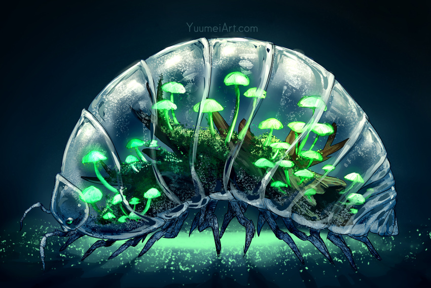 animal animal_request commentary english_commentary full_body glowing glowing_mushroom green_eyes highres moss mushroom no_humans original plant surreal terrarium transparent watermark web_address wenqing_yan