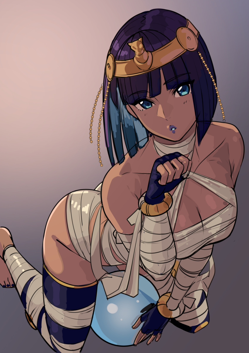 1girl absurdres black_legwear blue_eyes blue_hair breasts crown crystal_ball dark-skinned_female dark_skin egyptian egyptian_clothes eyebrows eyebrows_visible_through_hair fingerless_gloves gloves highres kagematsuri kneeling looking_at_viewer medium_breasts menat mummy paw_pose purple_hair purple_lips short_hair street_fighter street_fighter_v toes wrappings