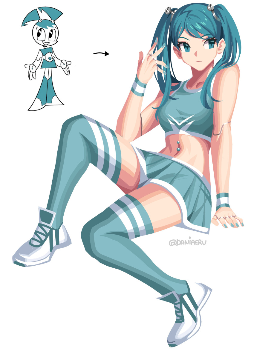1girl absurdres android arrow_(symbol) artist_name bangs blue_eyes blue_hair blue_nails blue_skirt bracelet crop_top daniaeru hair_behind_ear highres jenny_wakeman jewelry looking_to_the_side midriff my_life_as_a_teenage_robot navel reference_photo_inset shoes sitting skirt smile sneakers thighhighs twintails white_background white_footwear