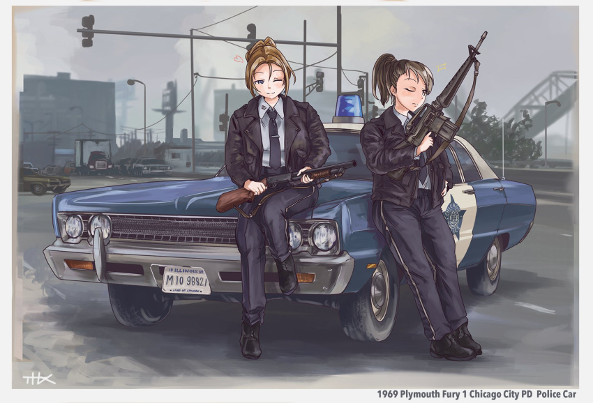 2girls assault_rifle black_footwear black_jacket blue_eyes blue_neckwear blue_pants boots brown_eyes brown_hair car chicago_police_department ground_vehicle gun highres holding holding_gun holding_weapon jacket leaning_on_object leather leather_jacket m16 m16a1 motor_vehicle multiple_girls necktie one_eye_closed original outdoors pants plymouth plymouth_fury police police_car police_uniform policewoman ponytail rifle shotgun sitting sitting_on_object smile thrux uniform weapon