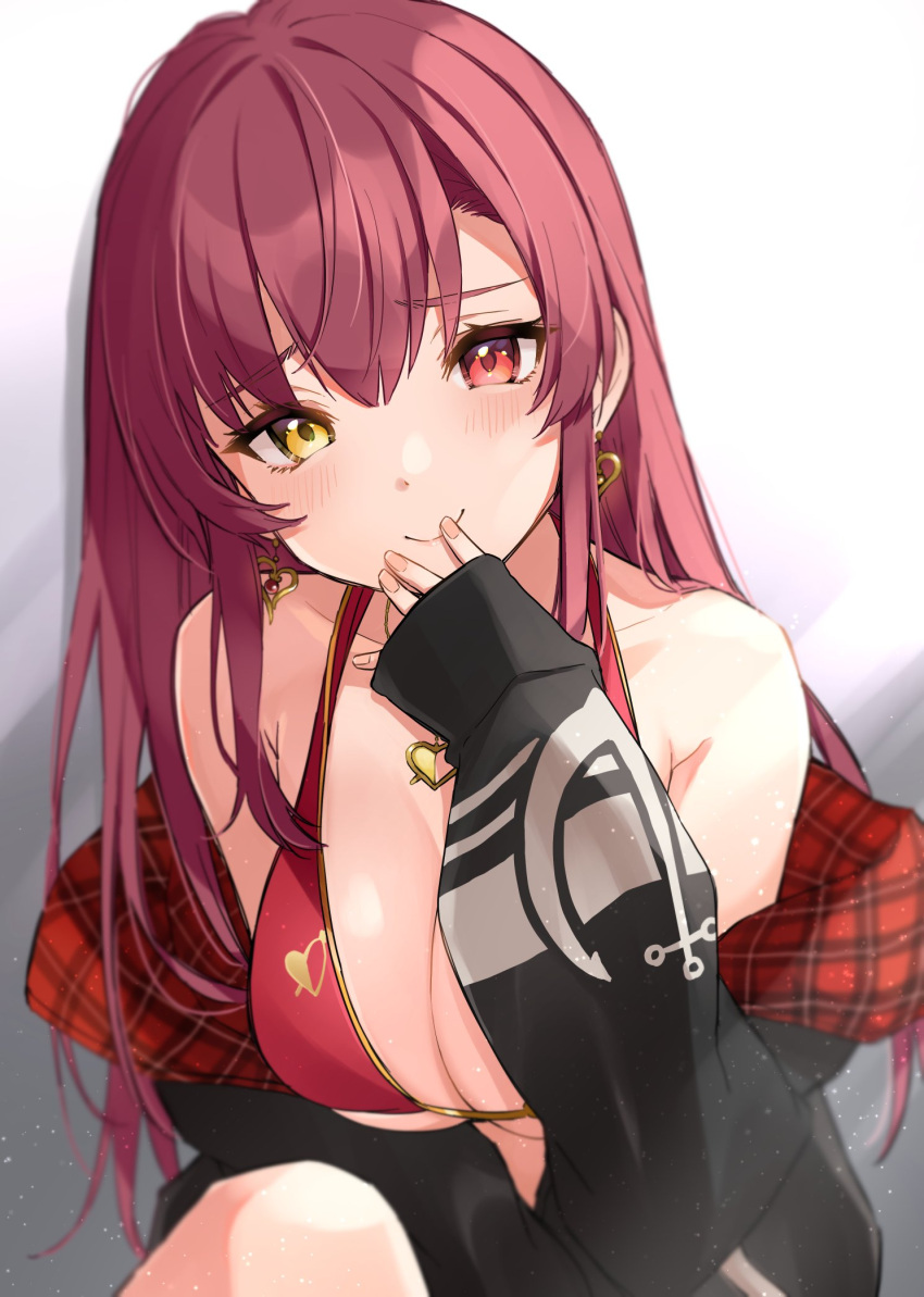 1girl bangs bikini black_jacket blush breasts cleavage covering_mouth earrings eyebrows_visible_through_hair hair_down hand_over_own_mouth heart heart_earrings heart_necklace heterochromia highres hololive houshou_marine jacket jewelry large_breasts long_hair looking_at_viewer off_shoulder official_alternate_costume plaid red_eyes red_hair simple_background sitting sleeves_past_wrists smile solo straight_hair swimsuit teti virtual_youtuber white_background yellow_eyes