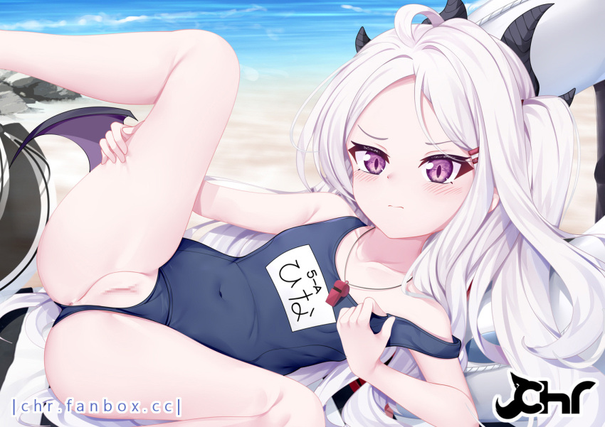 1girl ahoge anus bare_arms bare_legs bare_shoulders beach blue_archive blue_swimsuit blush breasts censored chrisandita closed_mouth collarbone covered_navel day feet_out_of_frame forehead hina_(blue_archive) horns leg_up long_hair looking_at_viewer low_wings mosaic_censoring multiple_horns name_tag old_school_swimsuit one-piece_swimsuit outdoors purple_eyes purple_wings pussy sand school_swimsuit small_breasts solo spread_legs strap_slip swimsuit swimsuit_aside very_long_hair water watermark wavy_mouth web_address whistle whistle_around_neck white_hair wings