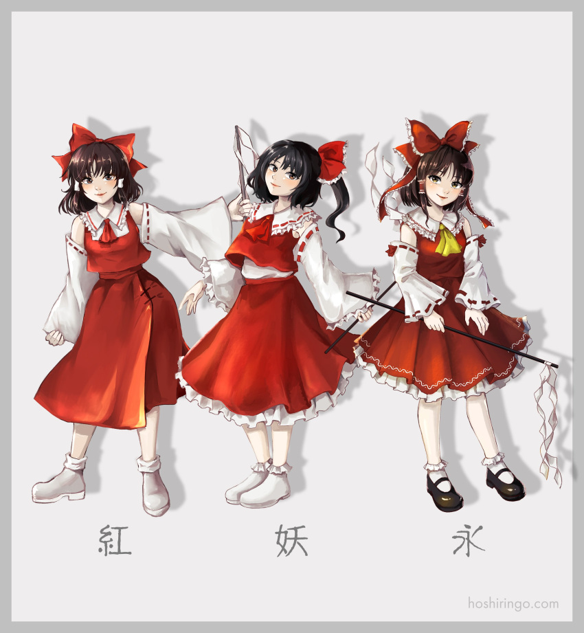 3girls absurdres ascot black_hair bow brown_eyes brown_footwear brown_hair collar detached_sleeves frilled_bow frilled_collar frills gohei hair_bow hair_tubes hakurei_reimu highres hoshiringo0902 imperishable_night japanese_clothes lips long_hair looking_at_viewer medium_hair miko multiple_girls nontraditional_miko perfect_cherry_blossom pleated_skirt ponytail red_bow red_neckwear ribbon-trimmed_sleeves ribbon_trim shoes short_hair sidelocks skirt skirt_set smile socks the_embodiment_of_scarlet_devil touhou white_legwear wide_sleeves yellow_neckwear