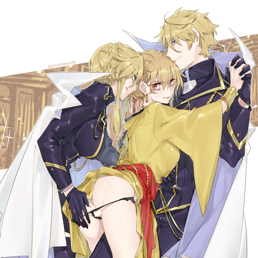 1boy 2girls 88_(einnimnech) arthur_pendragon_(fate) artist_name artoria_pendragon_(fate) artoria_pendragon_(lancer)_(fate) ass bisexual_(female) blonde_hair blue_eyes breasts censored commentary_request cowboy_shot earrings eyebrows_visible_through_hair fate/grand_order fate_(series) genderswap genderswap_(mtf) gilgamesh_(caster)_(fate) gilgamesh_(fate) gloves hair_between_eyes hair_bun heart heart_censor highres holding_hands jewelry large_breasts long_sleeves multiple_girls panties red_eyes standing tongue tongue_out twitter_username underwear watermark