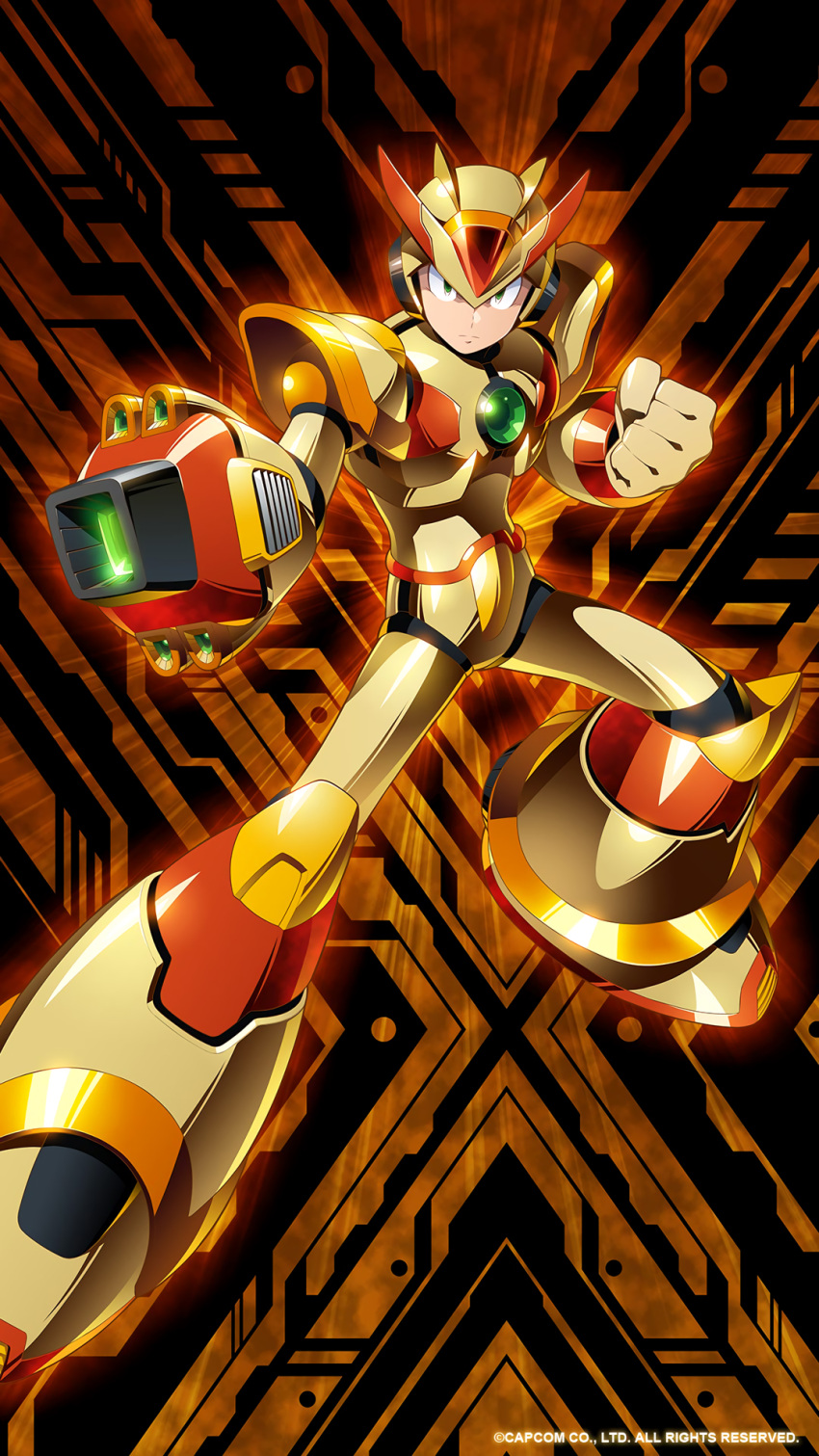 1boy android arm_cannon armor artist_request bodysuit clenched_hand closed_mouth company_name gloves green_eyes helmet highres kotobukiya looking_at_viewer male_focus mega_man_(series) mega_man_x3 mega_man_x_(character) mega_man_x_(series) rockman_x_dive serious shoulder_armor solo source_request weapon