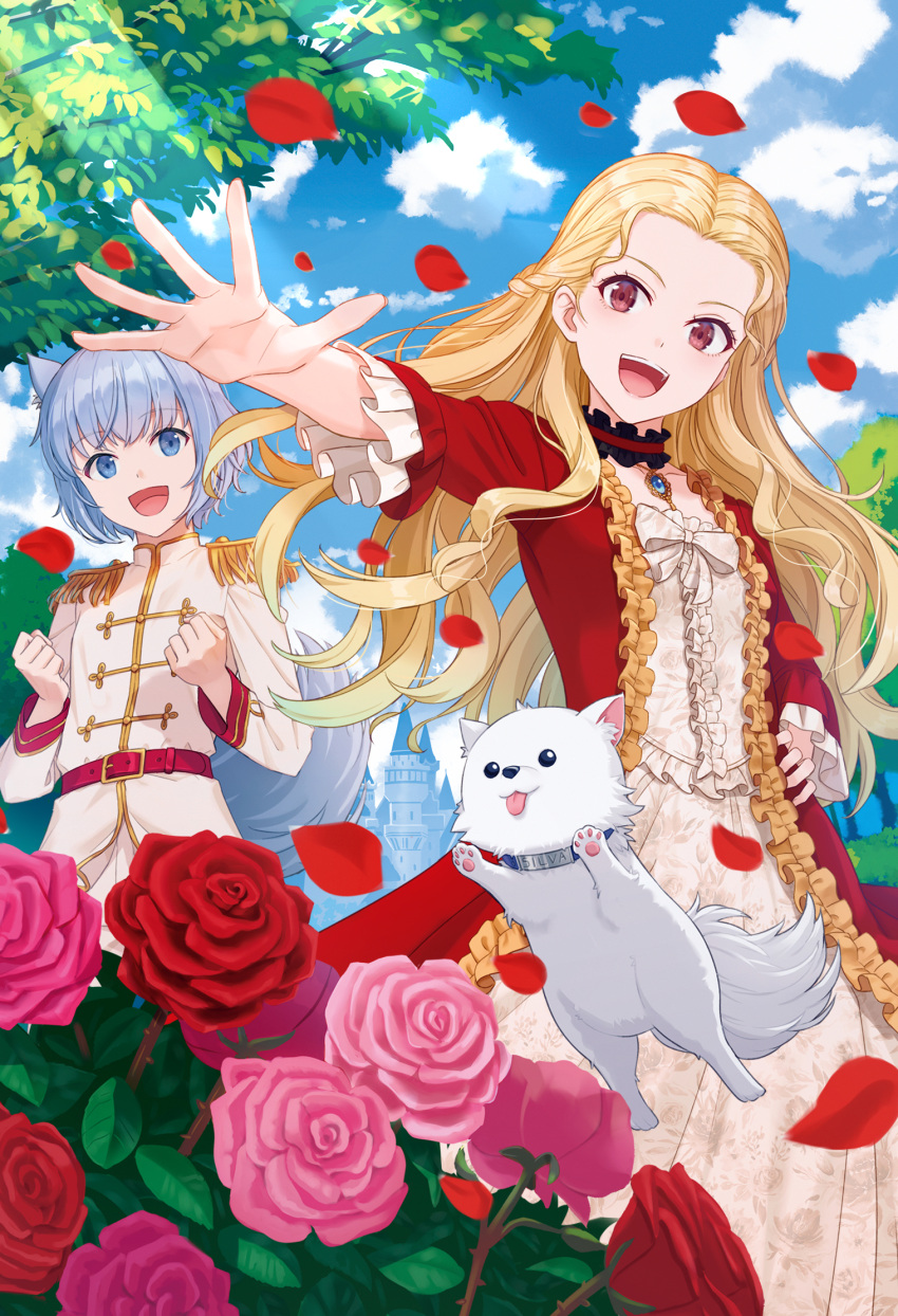 2girls :d animal animal_ears bangs blonde_hair blue_eyes bow braid collarbone commentary_request day dog dress epaulettes flower forehead frilled_dress frills grey_hair hand_on_hip highres hyuuga_azuri jacket long_hair long_sleeves looking_at_viewer multiple_girls open_mouth original outdoors outstretched_arm parted_bangs petals pink_flower pink_rose red_dress red_eyes red_flower red_rose rose rose_petals short_hair smile tail tower tree upper_teeth very_long_hair white_bow white_jacket