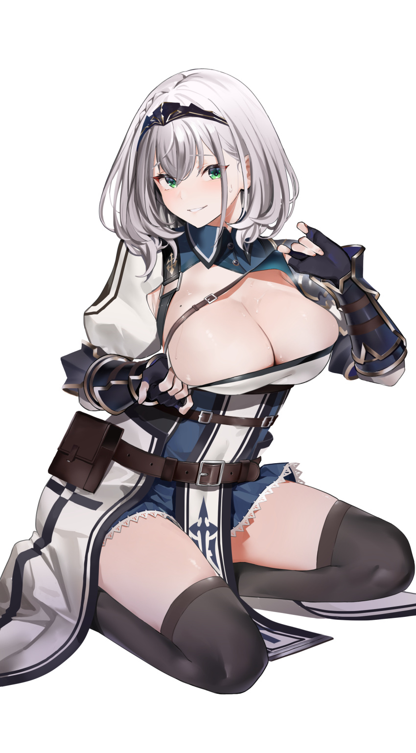 1girl absurdres black_legwear breasts cleavage clothes_pull gauntlets gloves green_eyes hairband highres hololive jikatarou kneeling large_breasts legs_apart looking_at_viewer mole mole_on_breast seductive_smile shirogane_noel shirt_pull smile solo thighhighs virtual_youtuber white_hair