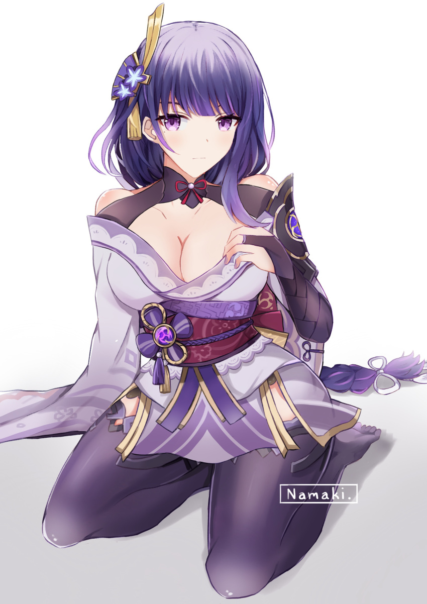 1girl absurdres armor artist_name bangs bare_shoulders braid breasts bridal_gauntlets cleavage closed_mouth commentary_request flower genshin_impact hair_ornament hand_on_own_chest highres japanese_clothes kimono large_breasts long_hair long_sleeves looking_at_viewer mole mole_under_eye namakisama purple_eyes purple_flower purple_hair raiden_(genshin_impact) ribbon sash seiza shoulder_armor simple_background sitting solo thighhighs white_background wide_sleeves