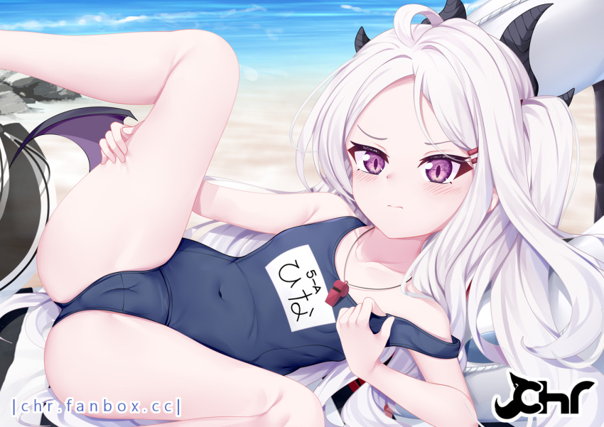 1girl ahoge bangs bare_legs beach blue_archive cameltoe chrisandita collarbone commentary_request demon_horns demon_wings eyebrows_visible_through_hair hair_ornament hairclip hina_(blue_archive) horns long_hair looking_at_viewer lying name_tag old_school_swimsuit purple_eyes school_swimsuit sidelocks solo swimsuit watermark web_address whistle whistle_around_neck white_hair wings