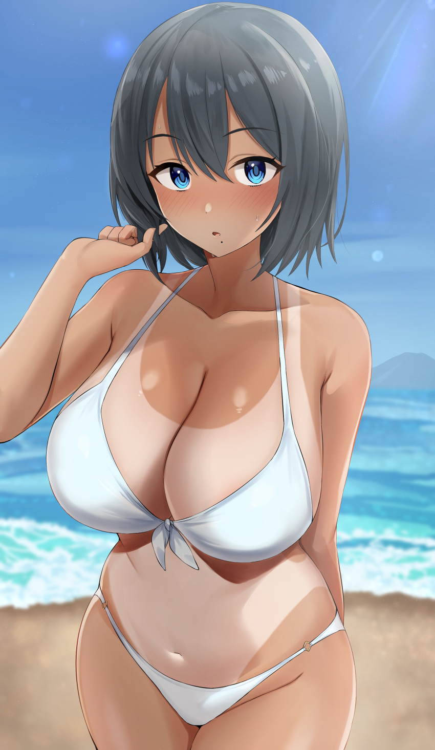 1girl absurdres arm_behind_back bangs bare_arms bare_shoulders beach bikini black_hair blue_eyes blush breasts cleavage collarbone crossed_bangs dark_skin eyebrows_visible_through_hair highres hotate-chan large_breasts looking_at_viewer mole mole_under_mouth navel ocean one-piece_tan original outdoors parted_lips short_hair swimsuit tan tanlines water white_bikini