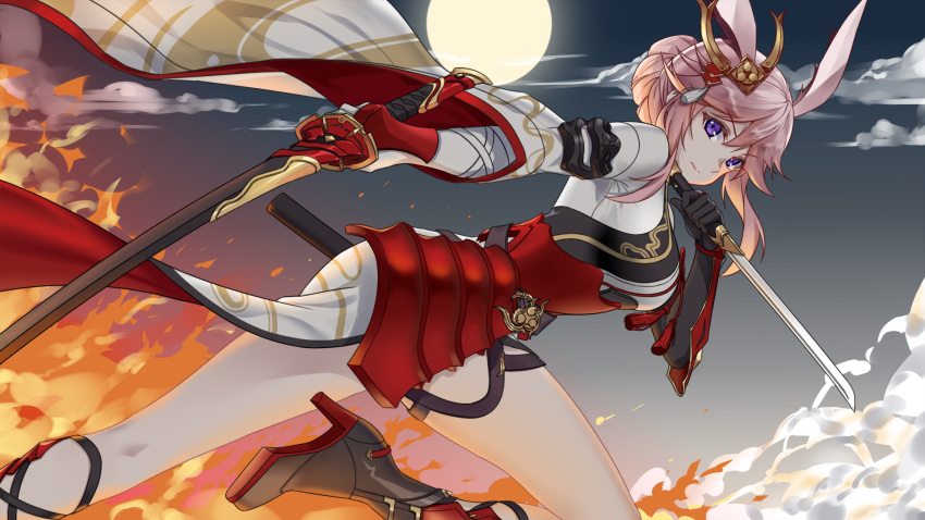 1girl 5plus animal_ears armor asymmetrical_gloves bangs black_footwear black_gloves boots breasts closed_mouth cloud cloudy_sky dual_wielding fire fox_ears full_moon gloves hair_between_eyes hair_ornament highres holding holding_sword holding_weapon honkai_(series) honkai_impact_3rd japanese_armor japanese_clothes katana leg_up looking_at_viewer moon night night_sky outdoors pink_hair purple_eyes sky solo sword uneven_gloves weapon white_gloves yae_sakura yae_sakura_(flame_sakitama)