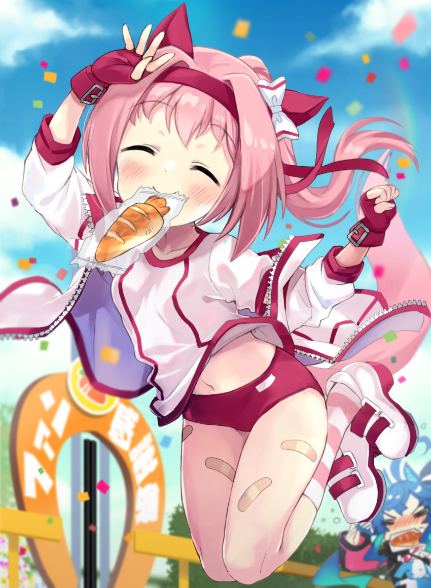 2girls absurdres animal_ears bandaid bandaid_on_leg blue_hair blush bread bread_eating_race buruma closed_eyes commentary_request ear_covers fingerless_gloves food gloves hair_intakes haru_urara_(umamusume) headband highres hizuki_yayoi horse_ears horse_girl horse_tail jacket mouth_hold multiple_girls navel open_clothes open_jacket outdoors pink_hair red_buruma red_gloves red_headband running shoes tail track_jacket twin_turbo_(umamusume) twintails umamusume white_footwear white_jacket