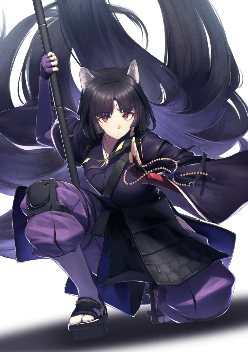 1girl animal_ears arknights armor bangs beads black_hair black_kimono commentary_request dog_ears facial_mark fingerless_gloves forehead_mark gloves highres holding holding_weapon itaco japanese_clothes kimono knee_pads long_hair looking_at_viewer naginata one_knee pants polearm prayer_beads purple_gloves purple_pants red_eyes saga_(arknights) simple_background solo tabi very_long_hair weapon white_background