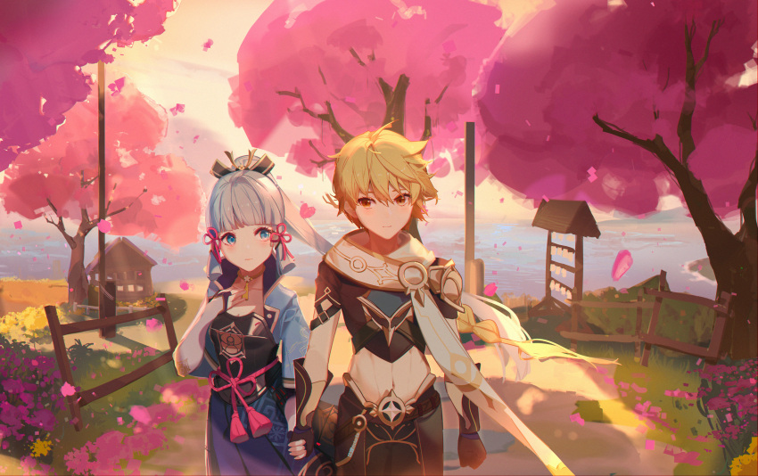 1boy 1girl absurdres aether_(genshin_impact) armor black_hair blonde_hair blue_eyes blush breastplate cherry_blossoms dress fingerless_gloves genshin_impact gloves grass hair_ornament hand_on_own_chest highres holding_hands kamisato_ayaka midriff navel outdoors pants scarf short_sleeves sidelocks sky sunset tree vichersu yellow_eyes