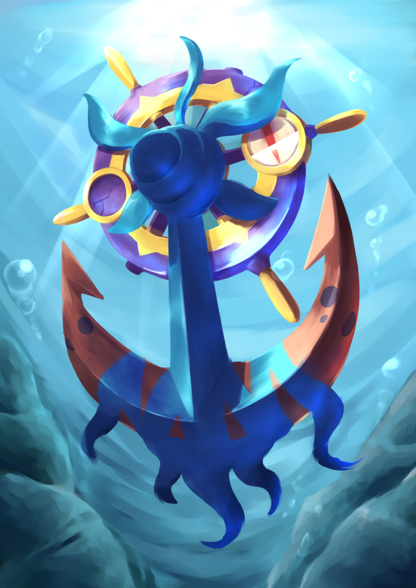 absurdres air_bubble anchor bubble commentary_request dhelmise from_below full_body gen_7_pokemon highres kareha_p no_humans pokemon pokemon_(creature) red_eyes ship's_wheel solo underwater