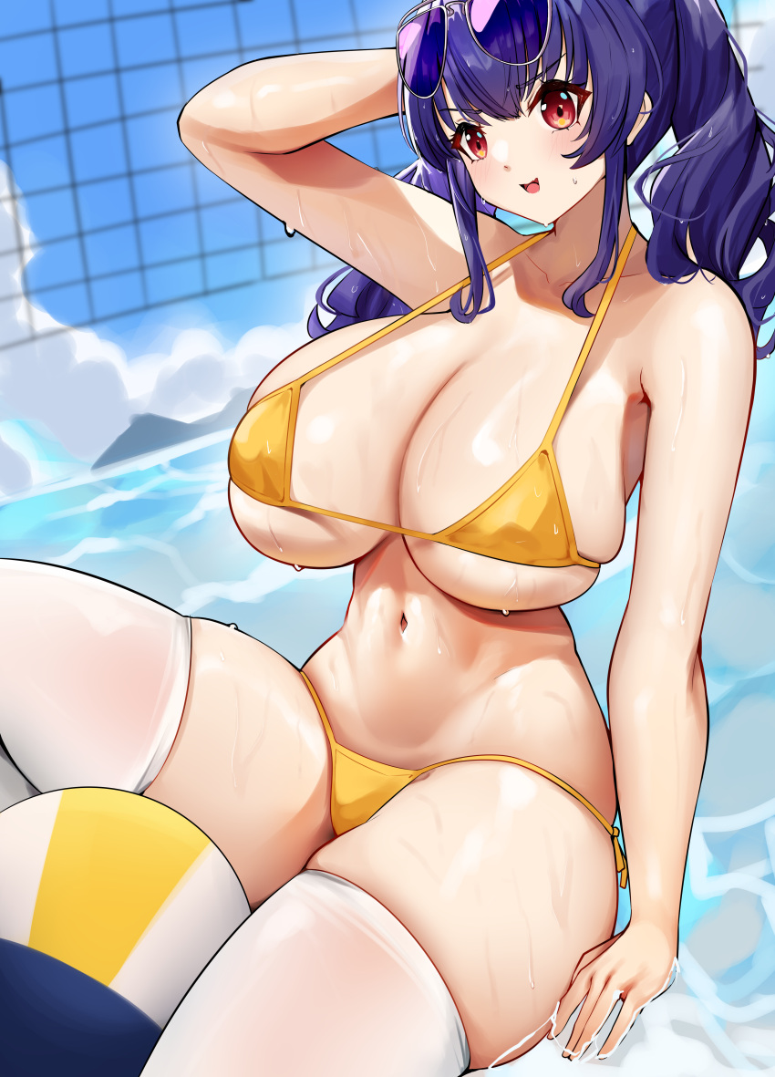 1girl absurdres aviator_sunglasses azur_lane bangs bare_shoulders bikini blush breasts cleavage collarbone cromwellb eyewear_on_head highres large_breasts long_hair looking_at_viewer navel official_alternate_costume open_mouth pola_(azur_lane) pola_(seaside_coincidence)_(azur_lane) sidelocks smile solo sunglasses swimsuit thighhighs thighs twintails volleyball_net wet white_legwear yellow_bikini