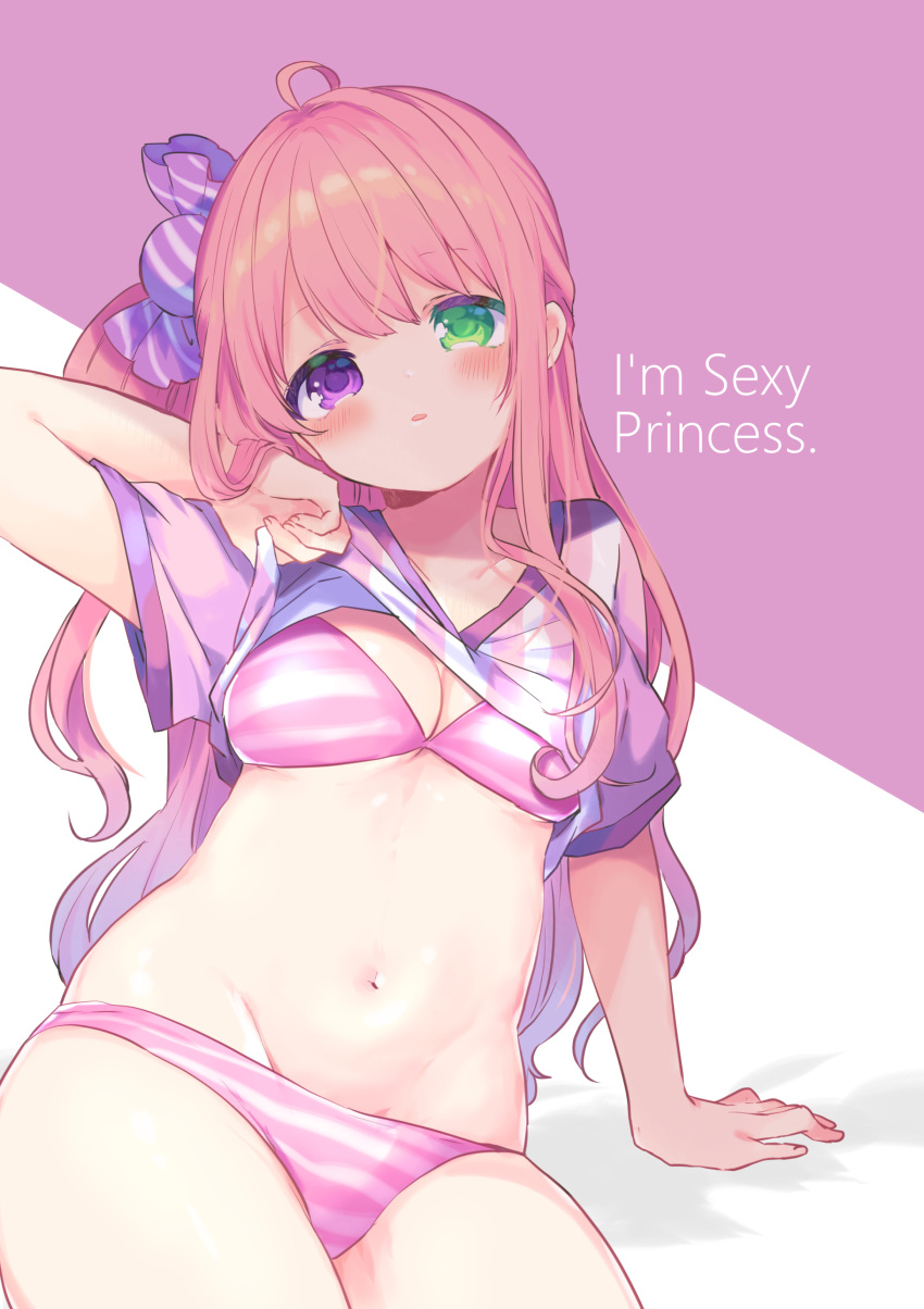 1girl absurdres ahoge bra breasts candy_hair_ornament cleavage clothes_lift english_text engrish_text food-themed_hair_ornament green_eyes groin hair_ornament heterochromia highres himemori_luna hololive kosuzume medium_breasts navel no_pants one_side_up panties pink_hair purple_eyes ranguage shirt shirt_lift solo striped striped_bra striped_panties striped_shirt underwear v-neck virtual_youtuber