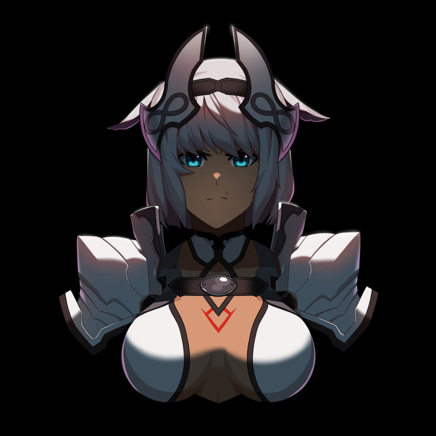1girl animal_ears armor black_background blue_eyes breasts caenis_(fate) chest_tattoo dark_skin fate/grand_order fate_(series) grey_hair highres hyperbudd large_breasts looking_at_viewer short_hair shoulder_armor simple_background solo tattoo upper_body