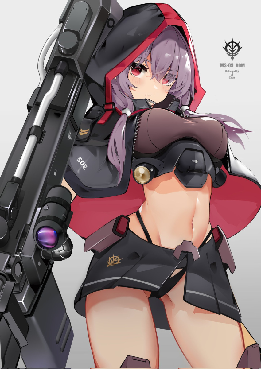 1girl beam_cannon black_capelet breasts capelet cowboy_shot dleung dom gundam hair_ornament highres hood hood_up hooded_capelet large_breasts long_hair low_twintails mecha_musume miniskirt mobile_suit_gundam multicolored multicolored_clothes navel personification purple_hair red_eyes scope sidelocks skirt stomach thong twintails zeon