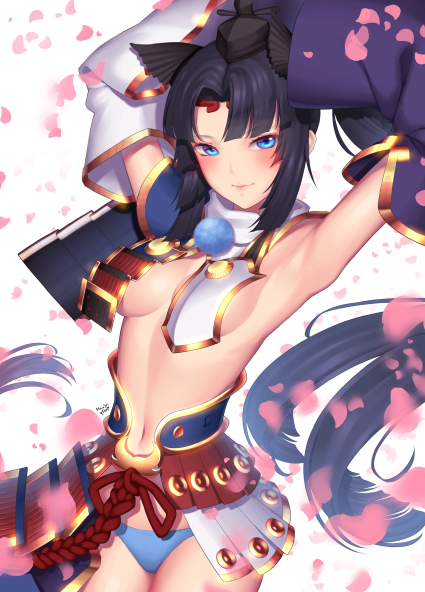 1girl absurdres armor armpits arms_up black_hair blue_eyes cherry_blossoms closed_mouth detached_sleeves fate/grand_order fate_(series) hat highres huusri long_hair navel pauldrons purple_sleeves revealing_clothes shoulder_armor solo tate_eboshi underwear ushiwakamaru_(fate) white_background wide_sleeves