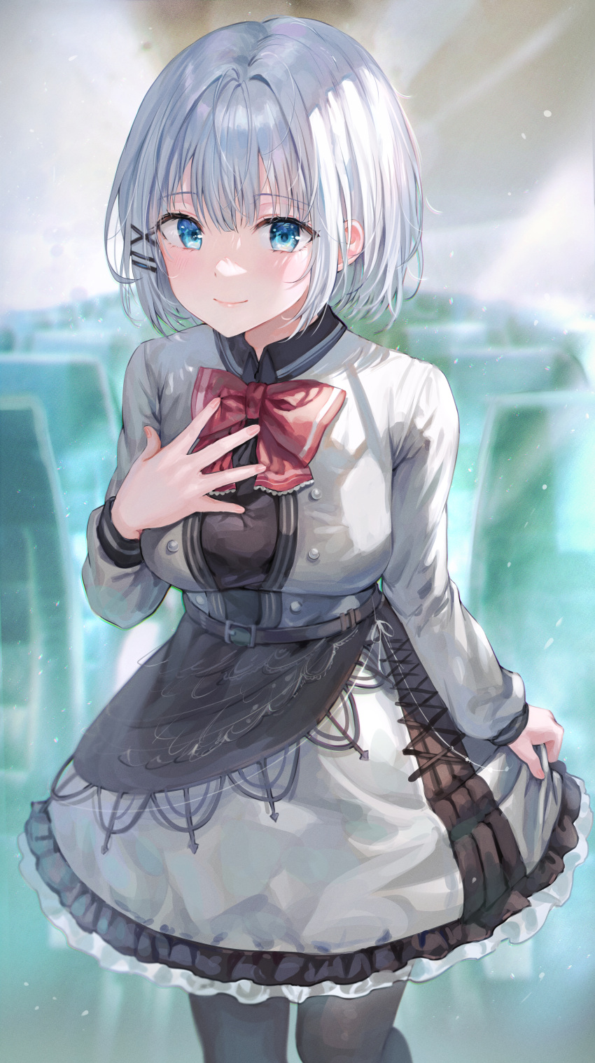 1girl absurdres arm_at_side bangs black_legwear blue_eyes blurry blurry_background blush bow breasts buttons closed_mouth commentary_request dress hair_ornament hand_on_own_chest hand_up highres huge_filesize jacket large_breasts long_sleeves looking_at_viewer red_neckwear short_hair siesta_(tantei_wa_mou_shindeiru) silver_hair smile solo standing tantei_wa_mou_shindeiru tokkyu train_interior white_hair white_jacket x_hair_ornament