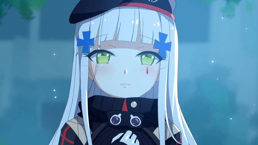 1girl absurdres bangs beret blunt_bangs blurry cross_hair_ornament depth_of_field facial_mark girls'_frontline gloves green_eyes hair_ornament hat highres hk416_(girls'_frontline) incoming_kiss long_hair military_jacket parted_lips silver_hair solo teardrop_tattoo upper_body white_gloves white_hair wo_you_yibei_jia_wanli