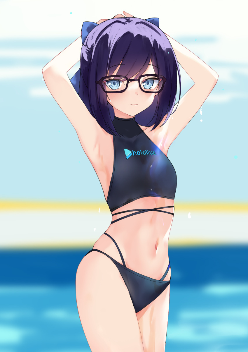 1girl a-chan_(hololive) arms_behind_head arms_up bangs blue_bow blue_eyes bow closed_mouth collarbone eyebrows_visible_through_hair flat_chest glasses hair_bow highres hololive looking_at_viewer navel outdoors pool purple_hair rectangular_eyewear rifufu short_hair smile solo stomach swept_bangs virtual_youtuber wet