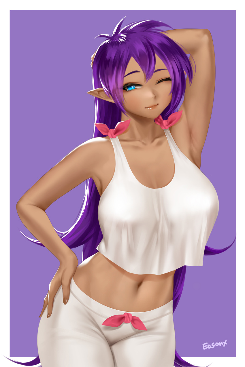 1girl arm_behind_head arm_up armpits bangs bare_arms blue_eyes border breasts closed_mouth collarbone cowboy_shot crop_top crop_top_overhang dark-skinned_female dark_skin easonx english_commentary hand_on_hip highres large_breasts long_hair looking_at_viewer messy_hair midriff navel one_eye_closed pajamas pants pointy_ears purple_background purple_hair shantae_(character) shantae_(series) signature sleeveless solo standing very_long_hair white_pants