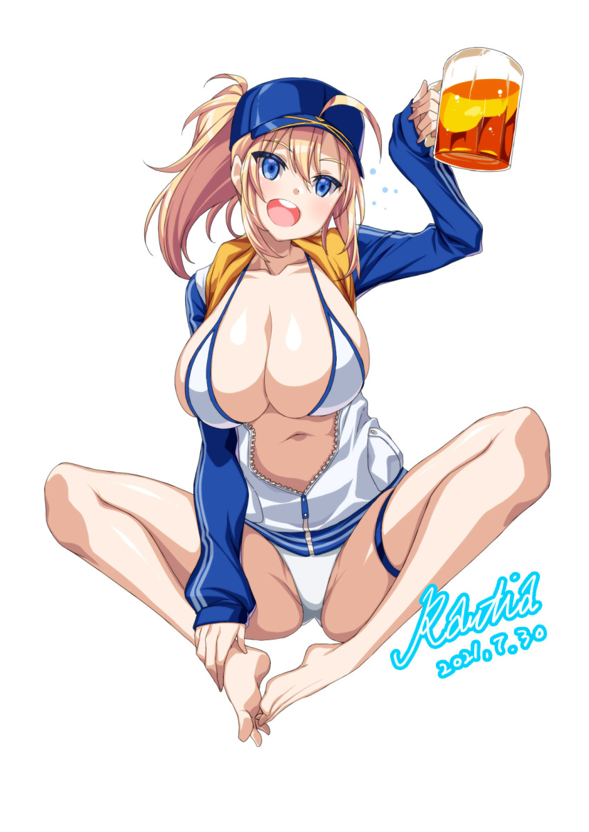 1girl ahoge alcohol artoria_pendragon_(fate) barefoot beer beer_mug bikini blonde_hair blue_eyes blue_jacket breasts butterfly_sitting commission cup fate_(series) feet feet_together foam full_body hair_through_headwear hands_on_feet hat highres holding holding_cup hood hooded_jacket jacket large_breasts legs long_sleeves looking_at_viewer mug mysterious_heroine_xx_(fate) no_shoes open_clothes open_jacket rantia sitting soles solo swimsuit thigh_strap toes white_bikini zipper_pull_tab