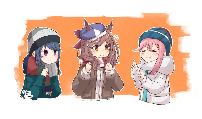 3girls alternate_costume animal_ears blue_hair brown_hair closed_eyes cup gahara hat kagamihara_nadeshiko matikane_tannhauser medium_hair mug multiple_girls pink_hair shima_rin smile twitter_username umamusume winter_clothes yurucamp