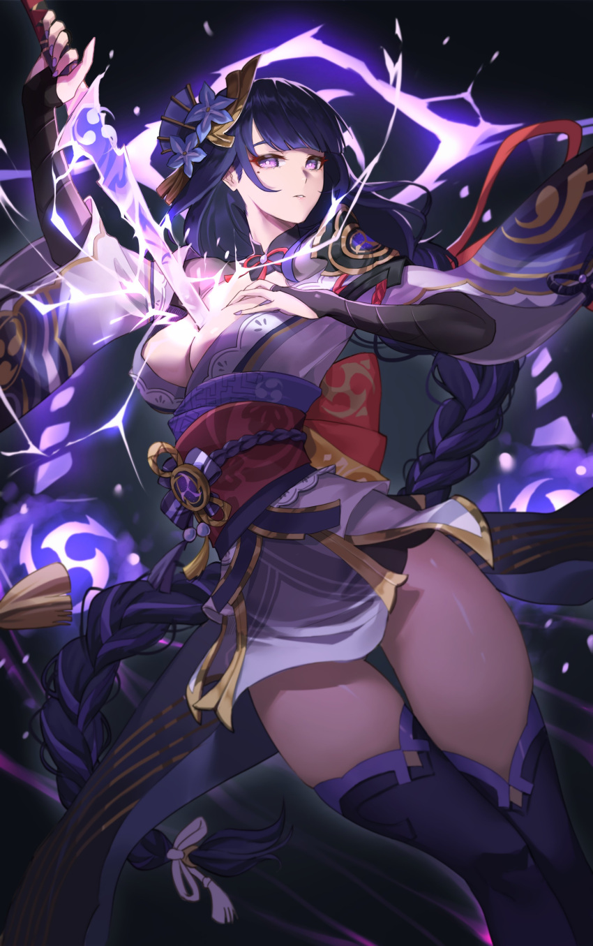 1girl absurdres armor bangs black_background braid breasts bridal_gauntlets cleavage coattails electricity flower genshin_impact hair_ornament highres holding holding_sword holding_weapon japanese_clothes kimono large_breasts long_hair long_sleeves looking_at_viewer mitsudomoe_(shape) mole mole_under_eye netural open_mouth parted_lips purple_eyes purple_flower purple_hair purple_nails raiden_(genshin_impact) ribbon sash shoulder_armor simple_background solo sword thighhighs tomoe_(symbol) weapon wide_sleeves