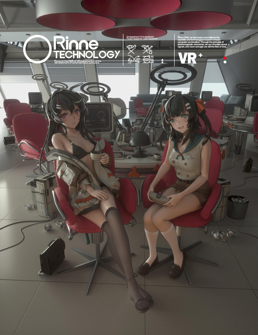2girls bangs bikini black_legwear blush breasts crossed_legs english_text full_body green_eyes hair_ornament hairclip highres ibara_dance indoors jacket legs long_hair looking_at_viewer medium_breasts medium_hair multiple_girls off_shoulder open_clothes open_jacket open_mouth original red_eyes sailor_collar sandals sitting swimsuit thighhighs thighs toes two_side_up