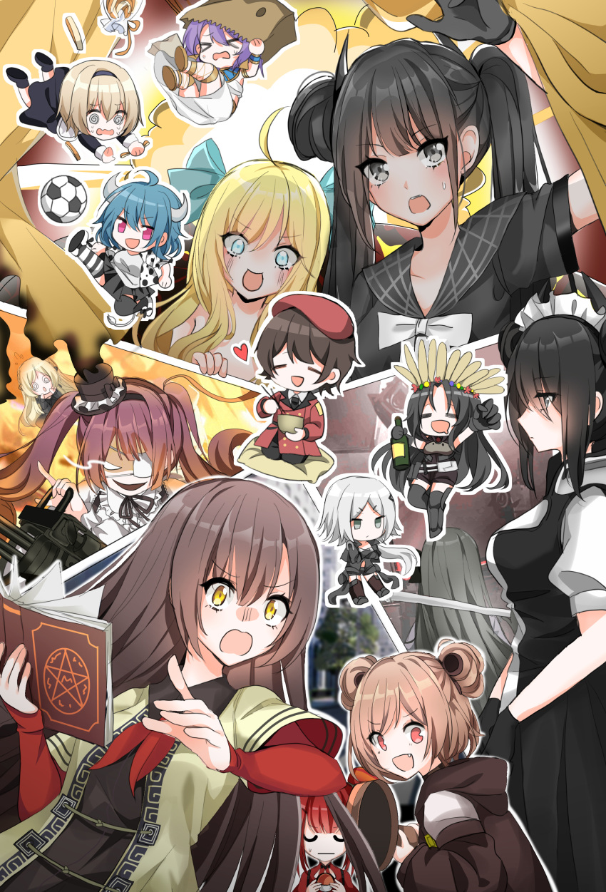 1boy 6+girls @_@ absurdres agent_(girls'_frontline) ahoge bag_on_head ball beret black_hair blonde_hair blue_eyes book bottle brown_hair character_request chibi commander_(girls'_frontline) crossover cz75_(girls'_frontline) eating evil_smile executioner_(girls'_frontline) food girls'_frontline grey_eyes gun hanazono_yurine hat heart highres horns hunter_(girls'_frontline) jashin-chan jashin-chan_dropkick k5_(girls'_frontline) long_hair machine_gun maid_headdress medusa_(jashin-chan_dropkick) mini_hat minos_(jashin-chan_dropkick) multiple_girls nz75_(girls'_frontline) open_mouth ouroboros_(girls'_frontline) p90_(girls'_frontline) pekora_(jashin-chan_dropkick) pink_eyes red_eyes shadow71580825 smile soccer_ball weapon yellow_eyes